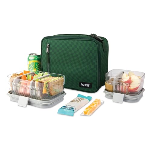 PackIt Freezable Classic Lunch Box, Checker Wave Olive, Built with EcoFreeze Technology, Collapsible, Reusable, Zip Closure With Zip Front Pocket and Buckle Handle, Designed for Fresh Lunch On the Go - color: Checker Wave Olive