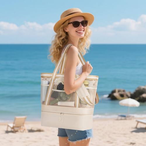 WOOMADA Beach Tote Bag With Cooler, Large Mesh Beach Bags for Women with Wet Pocket, Pool, Swim, Travel Essentials - color: Beige