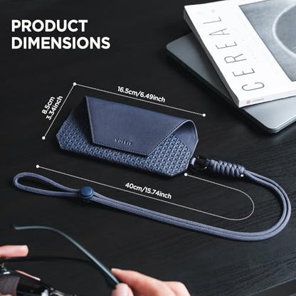VULKIT Portable Leather Eye Glasses Case for Women & Men, Slim Sunglass Case, Unisex Eyeglass Case - color: Ink Navy With Lanyard
