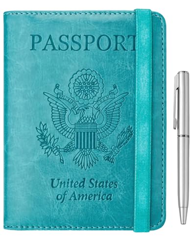 WALNEW Passport Holder for Travel, RFID Passport Cover Wallet for Women Men, PU Leather Passport Book Card Holder Case with Pen, Travelling Essentials for Flying - color: A-Blue, style: Elastic Band Closure