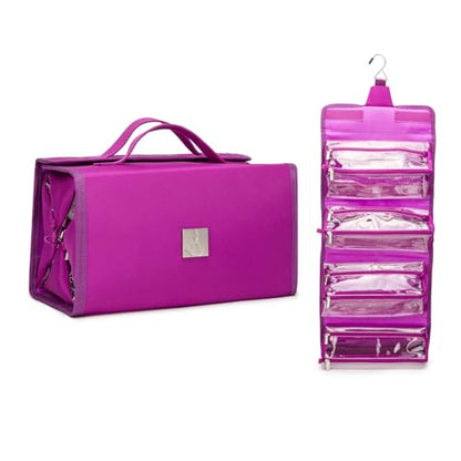 ROYALFAIR Roll Up Makeup Bag, Travel Toiletry Bag for Women with 4 Clear TSA Approved Pouches, Hanging Travel Organizer, Folding Cosmetic Bag for Men and Women - color: Purple