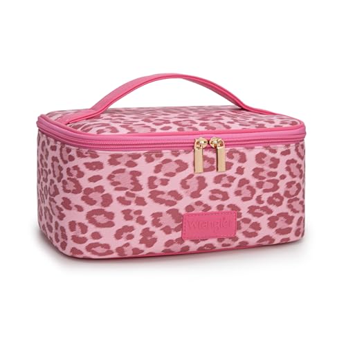 Montana West X Wrangler Travel Makeup Bag 2pcs Set Large Cosmetic Bag with Makeup Brush Holder Portable Make Up Organizer Cute Toiletry Bag with Divider and Handle for Women Leopard - color: Leopard-Pink