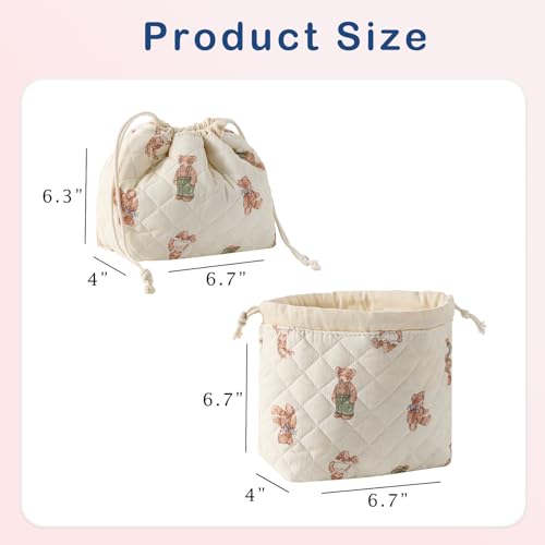 Cotton Quilted Drawstring Makeup Bag with Canvas Lining,Coquette Aesthetic Cute Travel Toiletry Bag,Drawstring Gift Bag for Women and Girls（04White Bear） - color: 04White Bear