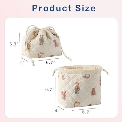 Cotton Quilted Drawstring Makeup Bag with Canvas Lining,Coquette Aesthetic Cute Travel Toiletry Bag,Drawstring Gift Bag for Women and Girls（04White Bear） - color: 04White Bear