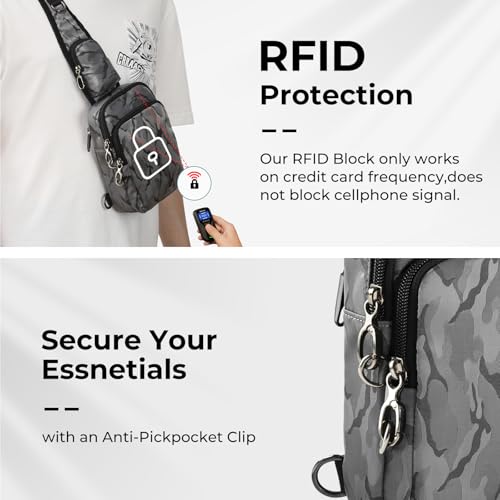BROADREAM Sling Bag, Crossbody Bag with Anti-Theft Lock Zipper, RFID Blocking & Water Resistant for Travel Work Sport - color: Camouflage Gray