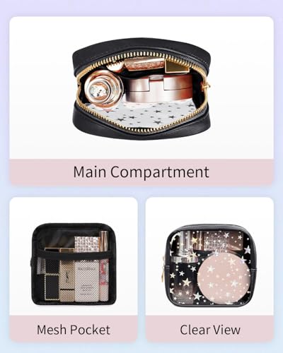 Wandering Nature Clear Makeup Bag for Purse, Mini Make up Bag with Glitter Star Pattern, Cute Cosmetic Pouch for Women with Slip-in Pockets, Travel Toiletry Essentials Vegan Leather Organizer Pouch - color: Black Star