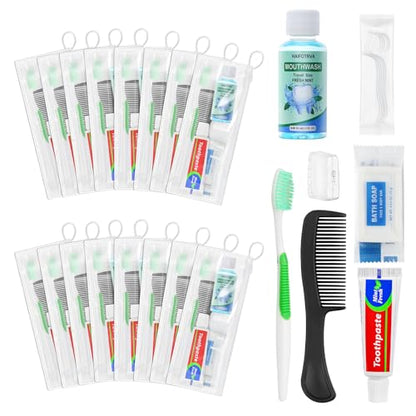 10 Set Personal Care Travel Toiletries Sets Bulk,8-IN-1 Disposable Toothbrushes with Toothpaste and Floss,Mouthwash,Comb,Soap,Cover,Zip Bag Toiletry Travel Toothbrush Kit for Homeless,Hotel,Charity