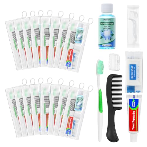 10 Set Personal Care Travel Toiletries Sets Bulk,8-IN-1 Disposable Toothbrushes with Toothpaste and Floss,Mouthwash,Comb,Soap,Cover,Zip Bag Toiletry Travel Toothbrush Kit for Homeless,Hotel,Charity