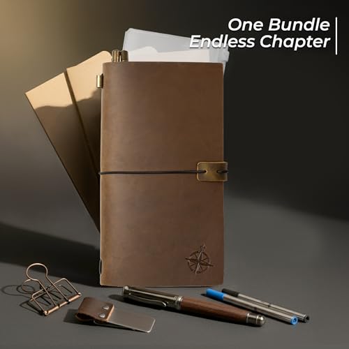 WANDERINGS Regular Size Travelers Notebook Bundle – 4.5" x 8.5" (11.5 x 22cm) – Genuine Leather Journal with Pen Holder, Pen, 2 Ink Refills, PVC Folder & Binder Clip - size: Standard