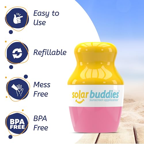 Solar Buddies Grab & Go Travel Bundle, Carabina Clip & Cleaning Brush - Single Full Pink - Refillable Roll on Sponge Sunscreen, Suncream & Lotion Applicator For Kids, Adults & Families - Holds 100ml - color: Full Pink Single