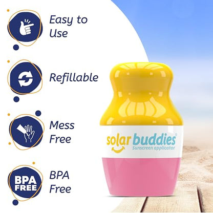Solar Buddies Grab & Go Travel Bundle, Carabina Clip & Cleaning Brush - Single Full Pink - Refillable Roll on Sponge Sunscreen, Suncream & Lotion Applicator For Kids, Adults & Families - Holds 100ml - color: Full Pink Single