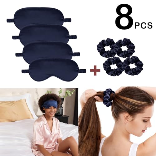 Satin Eye Mask 8Pcs Silk Sleep Masks Silky Blindfold Eyeshade Blackout Eyes Cover Scrunchies Hair Ties Travel Wedding Gifts - color: Navy