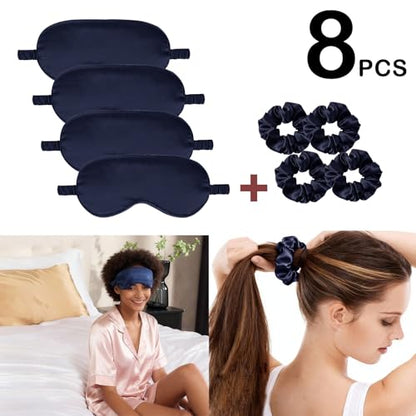 Satin Eye Mask 8Pcs Silk Sleep Masks Silky Blindfold Eyeshade Blackout Eyes Cover Scrunchies Hair Ties Travel Wedding Gifts - color: Navy