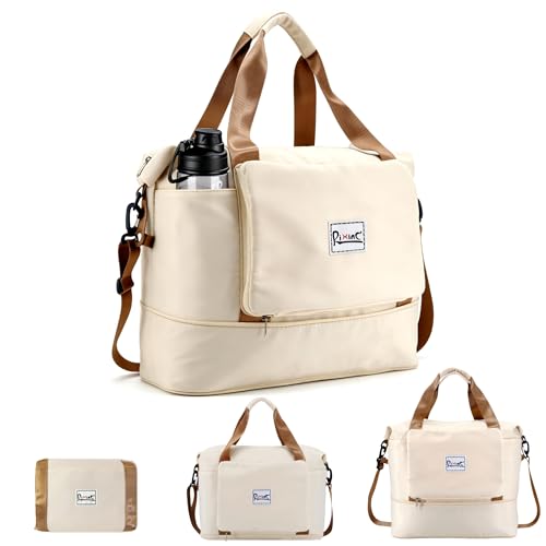 Foldable Travel Duffel Bag for Women, 40L Expandable Carry on Bag Personal Item Flight Approved, Lightweight Water Resistant Overnight Weekender Bag with Wet Pocket for Gym Travel, Beige - color: Beige
