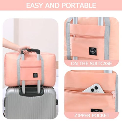 Travel Bag 12 Packes Carry on Luggage Foldable Duffel Bag Sports Gym Bag Weekender Overnight Bag Water Resistant Nylon Travel Duffel for Men Women (Pink 12PCS) - color: Pink 12