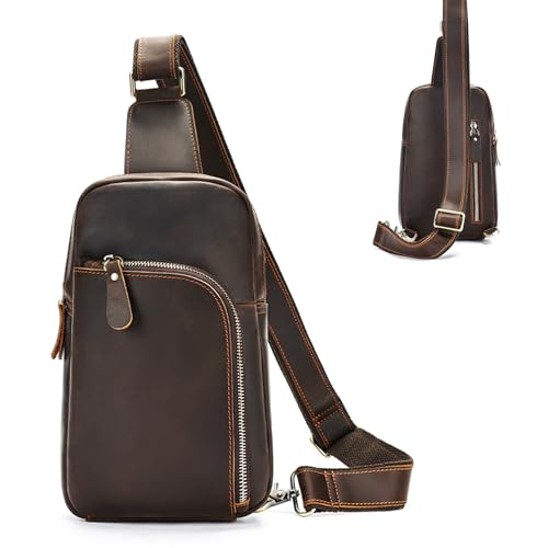Genuine Leather Sling Bags for Men Crossbody Purse Vintage Small Messenger Shoulder Bag for Phone Side Chest Daypack Bag - color: Darkcoffee