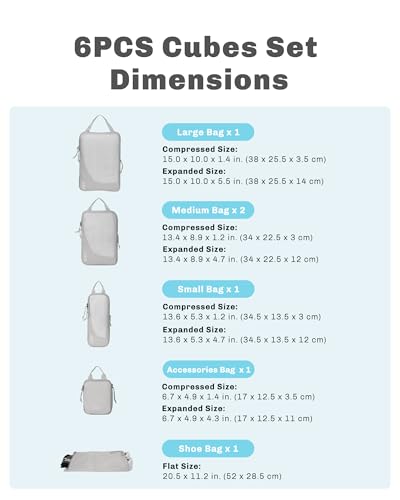 Hynes Eagle 6 Set/ 4 Set/ 2 Set Compression Packing Cubes Travel Essentials Lightweight Nylon Luggage Suitcase Organizer Bag Light Grey 6PCS - color: Light Grey-6 PCS