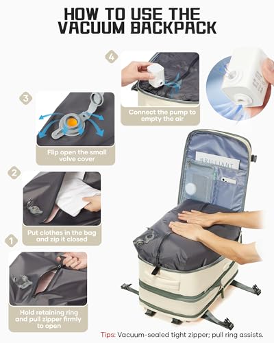wepadre Vacuum Backpack Travel with Pump Travel Backpack with Vacuum System Expandable Vacpack Compression Backpacks for Travel Easy Vac Pack Carry on Luggage - color: Beige With Green