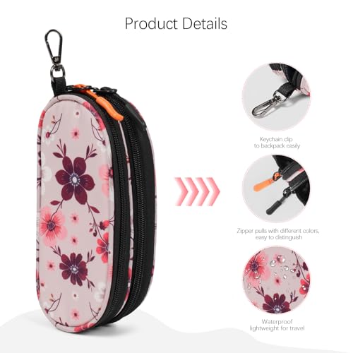 Double Eyeglasses Case Soft Portable Zipper Sunglasses Pouch with Keychain Clip for Men Women - color: Pink Flower