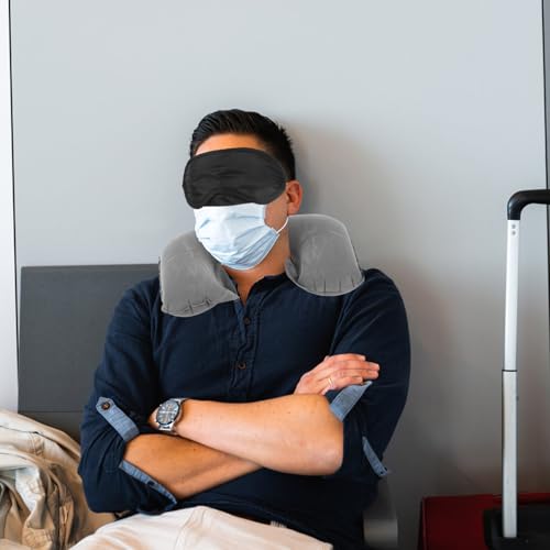 PRETYZOOM Inflatable Neck Travel Pillow Set with Blackout Eye Mask, U-Shaped Airplane Neck Pillow for Comfortable Sleep During Flights and Travel, Lightweight Gray Portable 3pcs Kit