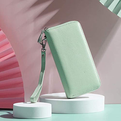 Moflycom Womens Wallet RFID Blocking Genuine Leather Zip Around Wallet Clutch Wristlet Travel Long Purse for Women - color: Light Green