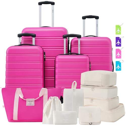 Merax Luggage sets of 13 Piece 16 20 20 28 IN Carry on Luggage Hard Case Pink Luggage Expandable Checked Luggage Suitcase Set with Wheels - color: Pink, size: 13-Piece Set(16+20+24+28IN+Bag+Packing Cubes+tags)
