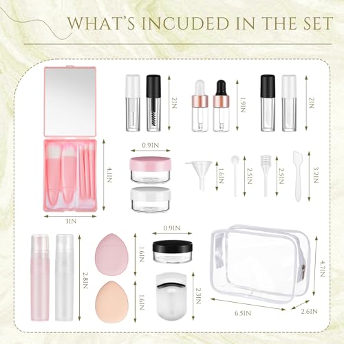 Maxdot 20 Pack Travel Makeup Containers Set Mini Makeup Brush Empty Bottles Kit with Finger Puff Spatulas Leak Proof Refillable Cosmetic Accessories for Liquid Toiletries Skincare Shampoo Mascara
