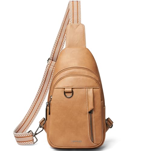 LATMAP 7L Sling Bag for Women Men Leather Small Sling Backpack Daypack Anti Theft Fanny Pack Crossbody Purse Travel - color: Regular Size-tan