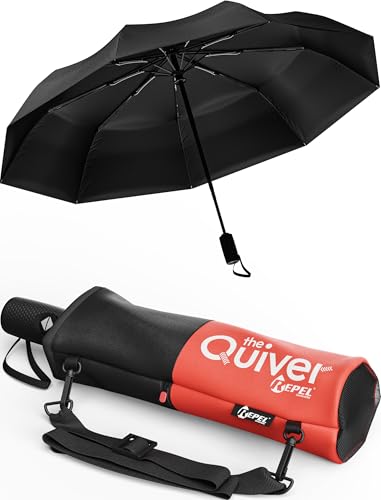 Repel Windproof Travel Umbrella - Compact & Withstands Winds up to 100MPH , Strongest Premium Auto Folding Umbrella for Rain and Sun - Durable, Light & Portable for Women & Men , Fits Backpack & Cars - color: Black Umbrella + Black & Red Carrying Sling