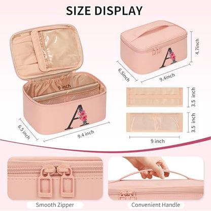 OCHEAL Initial Makeup Bag,Monogram Make up Bag Pink Travel Makeup Organizer Case Beauty Toiletry Cosmetic Bag with Brush Holder, Trendy Stuff Personalized Gifts for Women and Girls-A - color: Pink, style: A