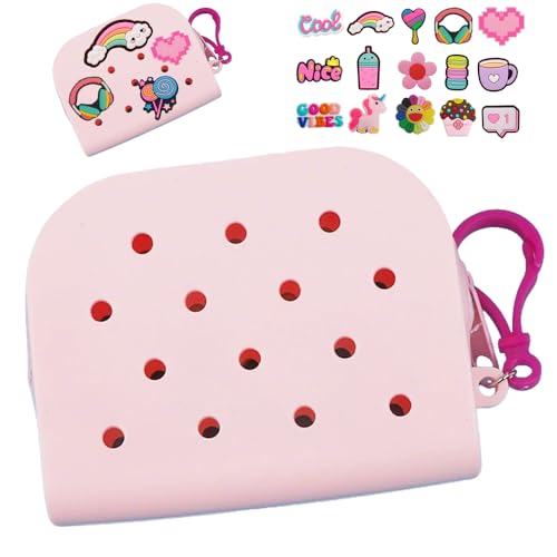 Soft Silicone Mini Coin Purse with Zipper and Cartoon Hole,with 15 pcs DIY Charms. Portable Keychain Pouch Organizer (Baby Pink) - color: Baby Pink
