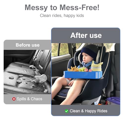 Car Seat Snack Tray for Toddlers - 3 Inch Cup Holder Fits Most Sippy Cups & Straw Bottles with Dip Well, Mess-Free Square Kids Travel Tray Road Trip Essentials, Blue - color: Blue