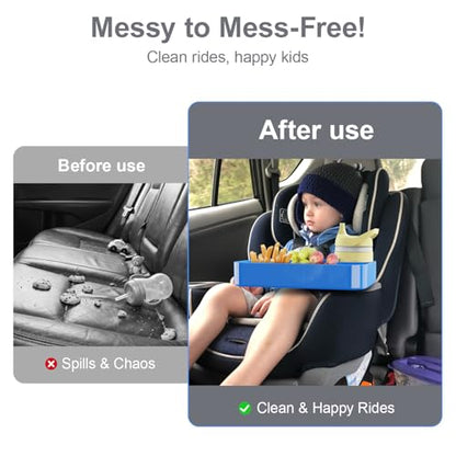 Car Seat Snack Tray for Toddlers - 3 Inch Cup Holder Fits Most Sippy Cups & Straw Bottles with Dip Well, Mess-Free Square Kids Travel Tray Road Trip Essentials, Blue - color: Blue