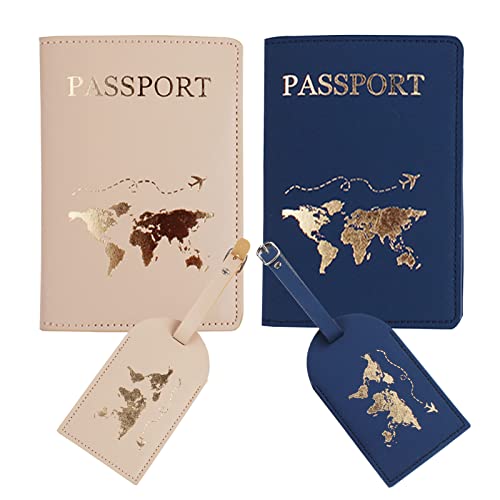 Mr and mrs passport covers and luggage tags gift set，Slim Waterproof Passport Case,newlywed travel gifts for Couples,Bridal Shower Gift - color: Blue