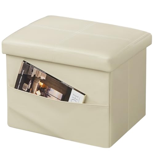 AmasSmile Storage Ottoman Folding Foot Rest Stool with Side Pocket, 16 inch Leather Footstool Bench, Short Ottoman Bench, Storage Foot Rest Store, Books (Beige-2) - color: Beige Crosshairs 1 Pack., size: 16"*12"*12"with side pockets