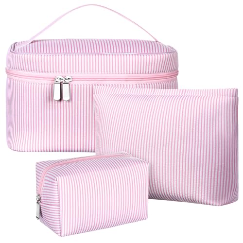 Huhumy 3 Pieces Makeup Bag Set for Women Cute Seersucker Cosmetic Pouch Travel Toiletry Bag Preppy Small Makeup Purse Pouch Aesthetic Skincare Brushes Storage Organizer for Women(Pink) - color: Pink