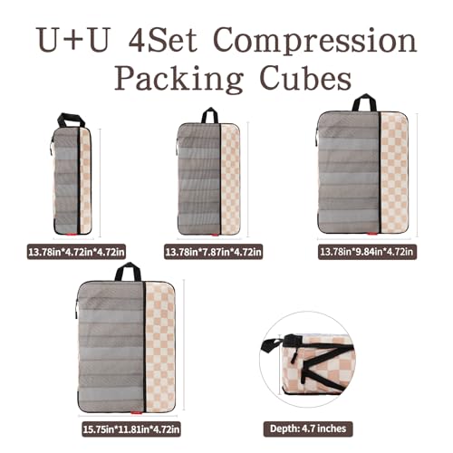 U+U 4 Set Compression Packing Cubes - Ultralight Travel Organizers, Space-Saving Suitcase Organizer, Expandable Packing Cubes for Travel, Business Trip and Family Vacation (Khaki Checkered)