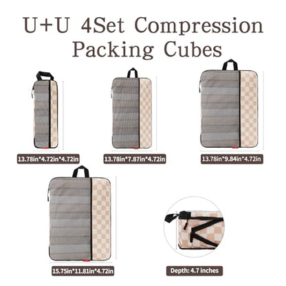 U+U 4 Set Compression Packing Cubes - Ultralight Travel Organizers, Space-Saving Suitcase Organizer, Expandable Packing Cubes for Travel, Business Trip and Family Vacation (Khaki Checkered)