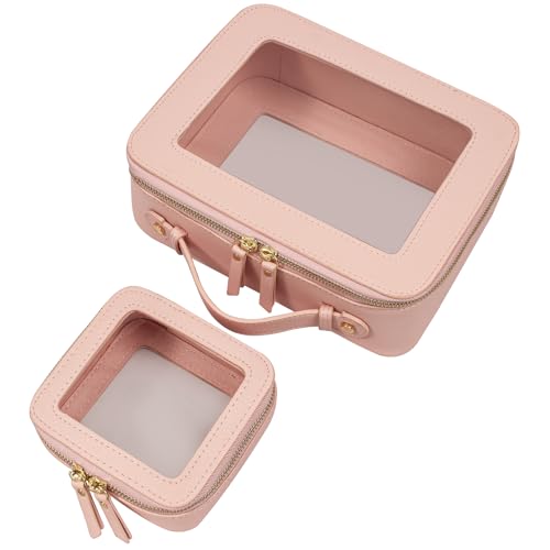 LETGO Clear Makeup Bag Set,Portable Travel Toiletry Bag Cosmetic Case for Women,Vegan Leather Make Up Pouch Organizer Pink Car Essentials for Girls Women (Mini+Large Pink) - color: Pink, style: Mini&large