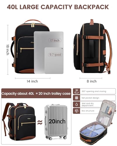 LOVEVOOK 40L Travel Backpack for Women & Men, Airline Approved Carry On Luggage with 3 Packing Cubes, TSA Overnight Bags, Waterproof Personal Item Bag, Weekender Essentials Backpacks fits 17" Laptop - color: Black-brown, size: Large