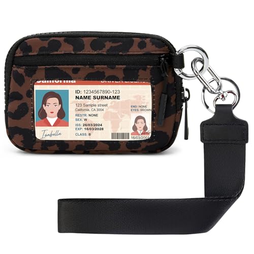 Small Wallet for Women, Mini Zip Card Case with Clear ID Window, Zipper Coin Purse, Lightweight Portable Keychain Card Holder - color: Brown Leopard Print