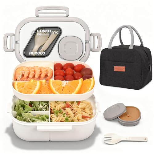 PEDECO White Bento Box with Bag for Adult Kid, Leakproof 2-Layers Stackable | Insulated bag and sauce pod,2-tier stackable 1100ml ,Microwave & dishwasher safe, BPA-free,For school, work, travel, picnic - color: White