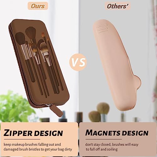 Sakolla Travel Makeup Brush Holder, Silicone Makeup Bag with Zipper Pouch Holder Case for Organizing Cosmetics Pencils Daily Work（brown） - color: Regular Brown