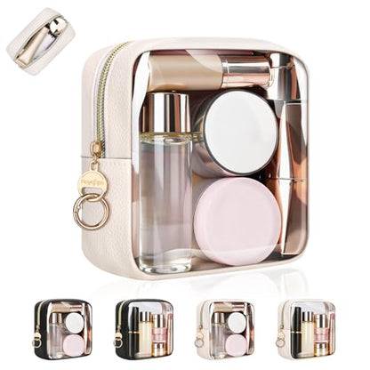 4.9" Clear Small Makeup Bag for Purse, TPU Mini Cosmetic Bag with Ring Buckle, Portable Small Makeup Travel Toiletry Pouches for Women, Birthday/Wedding/Christmas (Beige) - color: Clear-Single-sided Beige