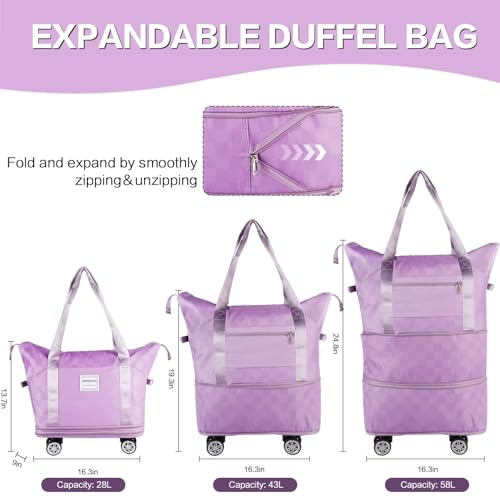 Expandable Rolling Duffle Bag - Large Carry-On With Spinner Wheels, Foldable Weekend Travel Bag, 28-58L Capacity（Backpack-Purple） - color: Backpack-Purple, style: Backpack