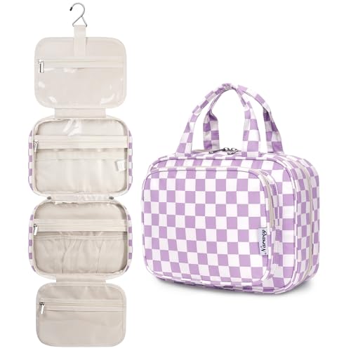 Narwey Hanging Toiletry Bag for Women Travel Makeup Bag Organizer Toiletries Bag for Travel Size Essentials Accessories Cosmetics (Purple Checkerboard (Medium)) - color: B-Purple Checkerboard, style: Medium
