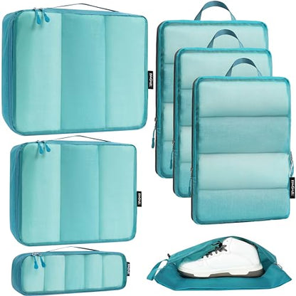 Bagail Ultralight Compression Cubes 7 Set - 3 Packing Cubes, 3 Organizers, and 1 Shoe Bag - color: Teal, style: Mesh Pattern