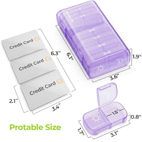 AUVON XL Weekly Pill Organizer 2 Times a Day, Pill Box 7 Day with One-Side Large Openings for Easy to Use, Black Privacy Protection AM PM Pill Case for Medication, Vitamins, Fish Oils, Supplements - color: Light Purple