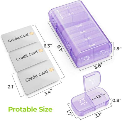 AUVON XL Weekly Pill Organizer 2 Times a Day, Pill Box 7 Day with One-Side Large Openings for Easy to Use, Black Privacy Protection AM PM Pill Case for Medication, Vitamins, Fish Oils, Supplements - color: Light Purple