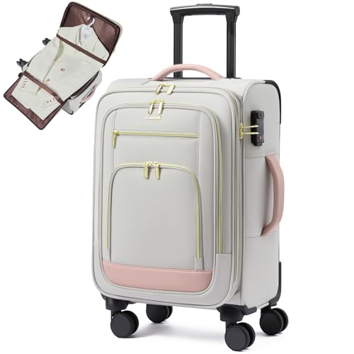 LOVEVOOK Carry on Luggage 22x14x9 Airline Approved with Garment Bag & Spinner Wheels, 22 Inch Large Rolling Suitcase with TSA Lock, Softside Lightweight Underseat Carryon Luggage for Women Travel, 49L - color: Light gray-pink, size: 22 Inch With Garment C